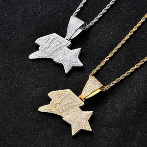 Hip hop star pendant necklace with number 47 and zircon stones in gold and silver