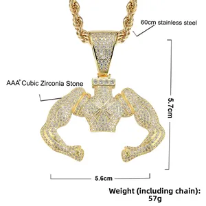 Close-up of gold muscular man pendant with AAA+ cubic zirconia showing exact dimensions