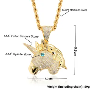 Detail view of gold unicorn pendant with AAA zircon pave and 60cm stainless steel rope chain