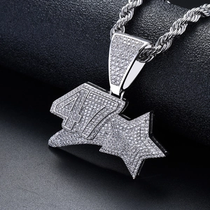 Hip hop necklace with number 47 and star pendant inlaid with white cubic zirconia stones