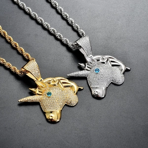 Hip Hop Unicorn Head Pendant Necklace For Men Micro Pave Zirconia Copper Iced Out Animal Jewelry With 60cm Stainless Steel Chain