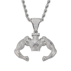 Iced out silver muscular man pendant with zircon on thick twisted rope chain