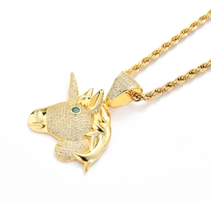 Hip hop gold unicorn pendant necklace with pave zircons and blue agate eyes for men