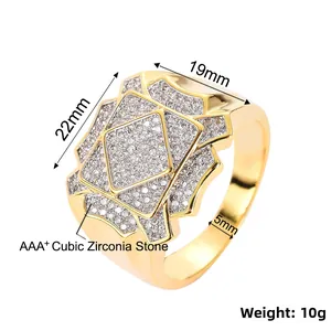 Macro detail of men's gold plated ring featuring AAA cubic zirconia pave square geometry