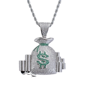 Hip Hop Silber Dollar Geldbeutel Anhänger mit grünen und weißen Zirkonia Steinen