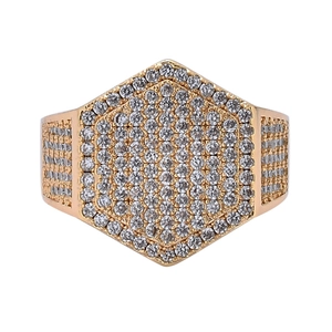 Anello hip hop esagonale da uomo in oro 18K con pavé di pietre di zircone bianco