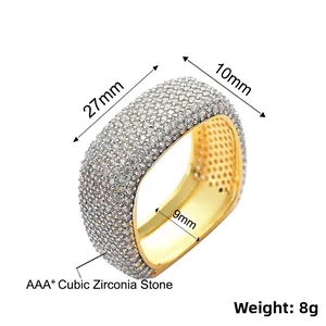 Detail view of square hip hop ring with 27mm x 10mm dimensions and iced out CZ stones