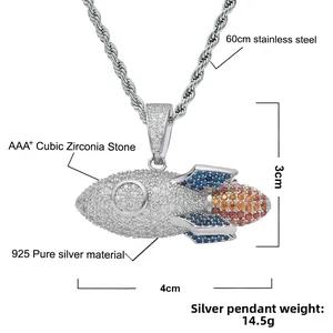 Macro shot of 925 silver rocket pendant with AAA+ cubic zirconia and 60cm twist chain