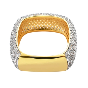 Macro detail of men's hip hop square ring with gold plating and white zircon micro-pave