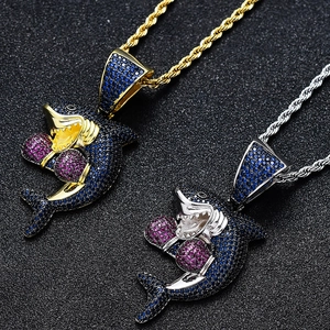 Collana con Pendente Squalo Boxe Hip Hop Micro Pave Zirconia Gioielli in Rame Con Catena a Fune in Acciaio Inossidabile Oro Argento