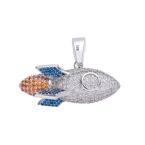 Macro detail of 925 sterling silver rocket pendant with colorful zircon stones