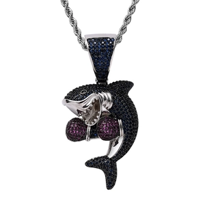 Ciondolo squalo pugile ghiacciato con zirconi blu e catena d'argento stile hip hop