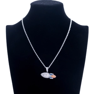 925 Sterling Silver Rocket Pendant Necklace with Multi-color Zirconia Inlay for Men