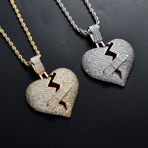 Pendentifs cœur brisé hip hop avec zircons micro-pave en finitions or et argent
