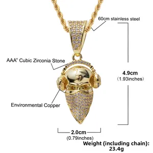 Detailed macro view showing the masked headphones skull pendant dimensions and CZ inlay