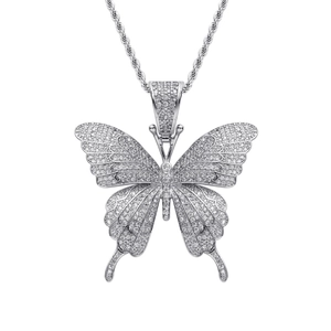 Hip Hop Schmetterling Anhänger Halskette Kupfer Mikro Eingelegt Zirkonia Edelstahl Seilkette Personalisiert Schmuck Unisex