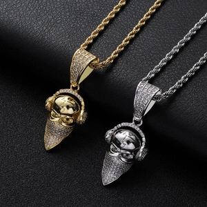 Hip hop skull pendant necklace with headphones and micro-paved zircons in gold and silver