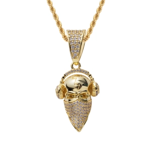 Gold hip hop necklace featuring a masked skull wearing headphones with crystal accents