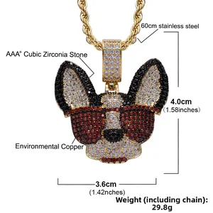 Pendentif chien hip hop avec lunettes rouges, zircons AAA+ et chaîne torsadée de 60cm