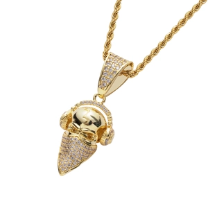 Golden hip hop necklace with iced-out skeleton headphone pendant and rope chain