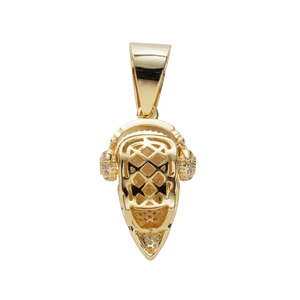 Detailed macro view of the gold-plated hip-hop headphone pendant with pink cubic zirconia