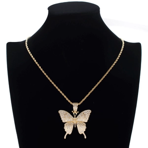Hip-Hop-Schmetterling-Anhänger-Halskette in Gold mit Zirkonia-Besatz und Seilkette für Damen