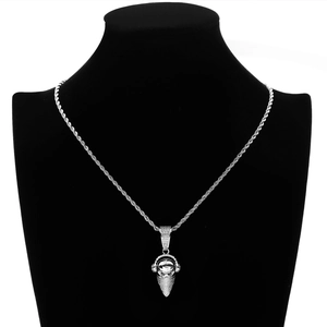 Hip hop skull pendant necklace with headphones and paved mask on a silver twist rope chain