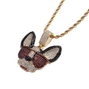 Collier pendentif chien Corgi style hip hop doré avec zircons colorés micro-pavés
