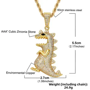 Detailed view of hip hop dinosaur pendant with AAA+ cubic zirconia and 60cm chain