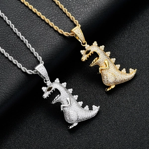 Men Hip Hop Zirconia Dinosaur Pendant Necklace Gold Silver Plated Copper Stainless Steel Rope Chain Animal Jewelry Gift