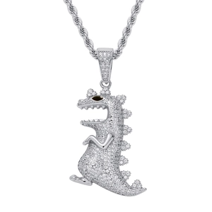 Hiphop dinosaur pendant necklace with iced out cubic zirconia and rope chain