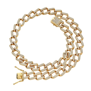 14mm goldene Panzerkette mit Zirkonia-Besatz und quadratischem Verschluss im Hip-Hop-Stil