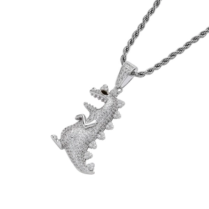 Hip hop silver dinosaur pendant necklace with white zircon pavé and thick rope chain