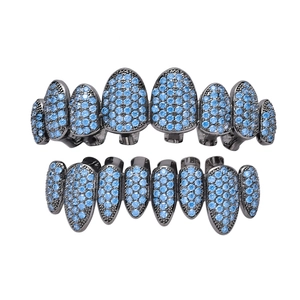 Ensemble grillz hip-hop noir avec zircons bleus pavés pour huit dents supérieures