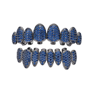 Ensemble grillz hip-hop avec placage noir fusil et zircone cubique bleu marine