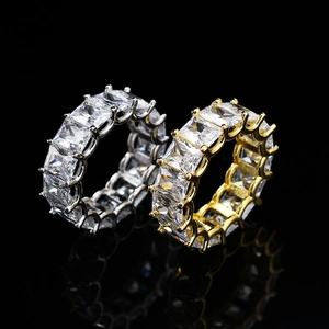Men's 18K gold and silver hip hop eternity rings with princess cut square zircons