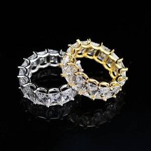 Mens hip hop eternity rings with square cut cubic zirconia in gold and silver plating