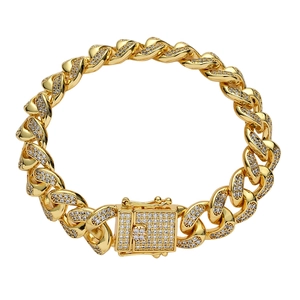 Bracciale cubano 12mm placcato oro con zirconi incastonati e chiusura hip-hop lucida