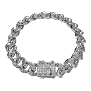 Bracciale a catena cubana in argento lucido con micro zirconi e chiusura di sicurezza