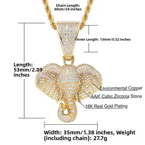 Détail du pendentif éléphant hip hop plaqué or 18k serti de zircons AAA+ cubiques