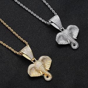 Collier avec Pendentif Tête d'Éléphant Hip Hop pour Hommes Femmes Zirconia Animal Collier Or Argent Cuivre Bijoux