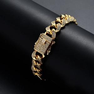 Bracciale Cuban Link 12mm stile Hip Hop in oro con zirconi cubici incastonati a mano