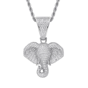Pendentif tête d'éléphant hip hop plaqué argent 18 carats avec zircons sur une chaîne torsadée