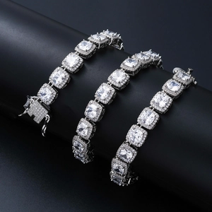 Detail of 10mm square cut iced out tennis chain with sparkling white zircon and silver finish
