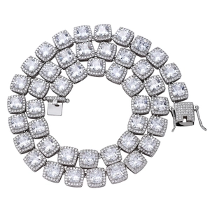Detailed macro view of 10mm square halo tennis chain with secure double box clasp