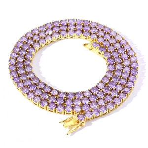 Triple row 4mm tennis chain with purple cubic zirconia and gold plating finish