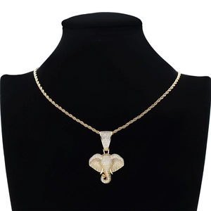 Pendentif tête d'éléphant hip hop plaqué or 18k avec zircons micro-pavés sur chaîne