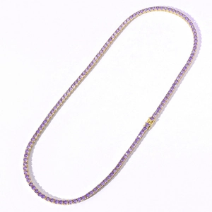 Detail of 4mm purple zircon tennis chain with gold finish and secure jewelry clasp