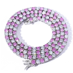 Icy tennis chain necklace with pink and white alternating zircons on silver base