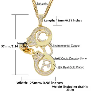 Macro detail of gold-plated handcuff pendant with AAA+ cubic zirconia and 24-inch chain